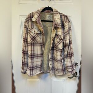 Sage Collective Cream, Pink Plaid Sherpa Lined Shacket, Cozy Button Front Jacket